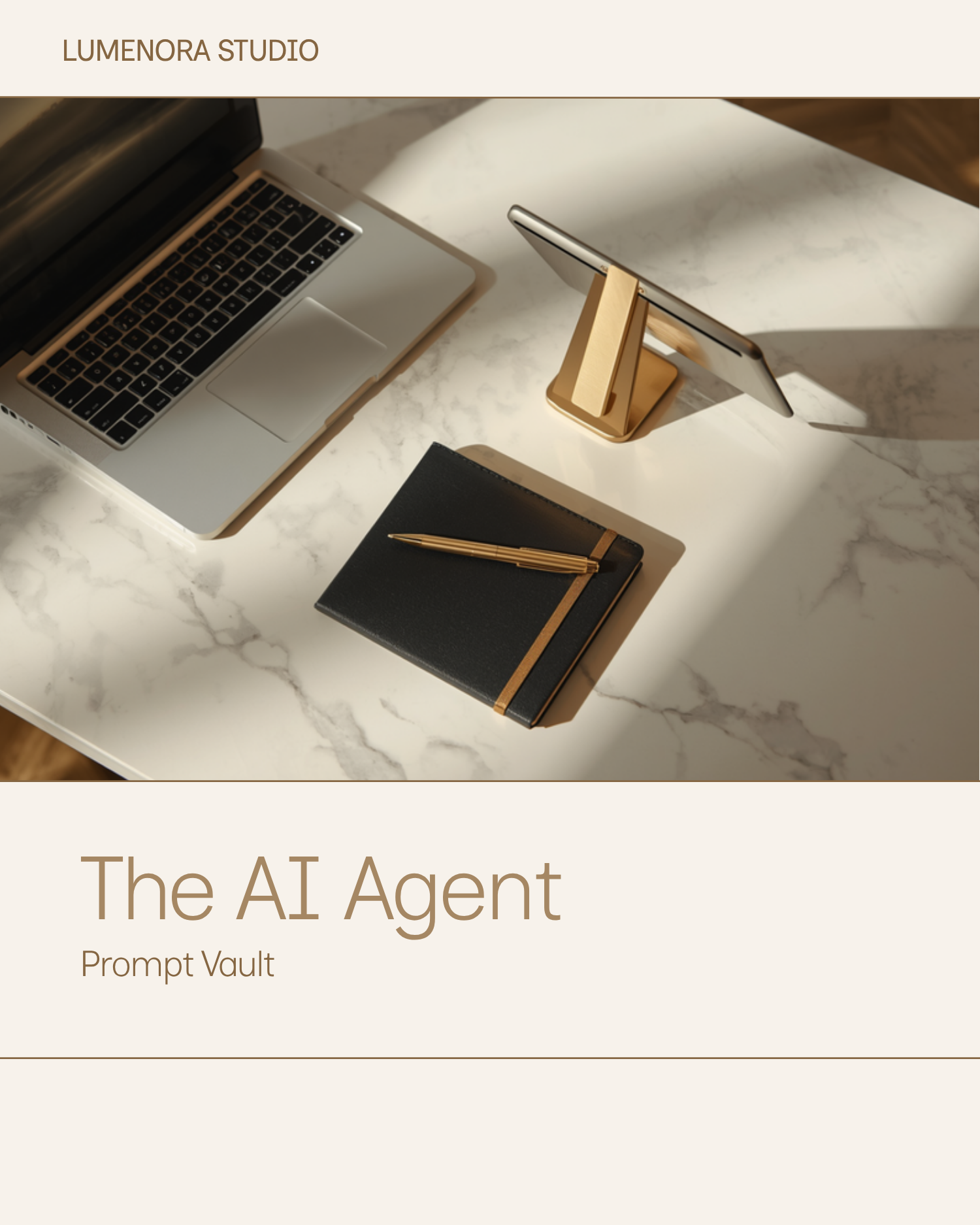 The AI Agent Prompt Vault cover - quiet luxury flat lay