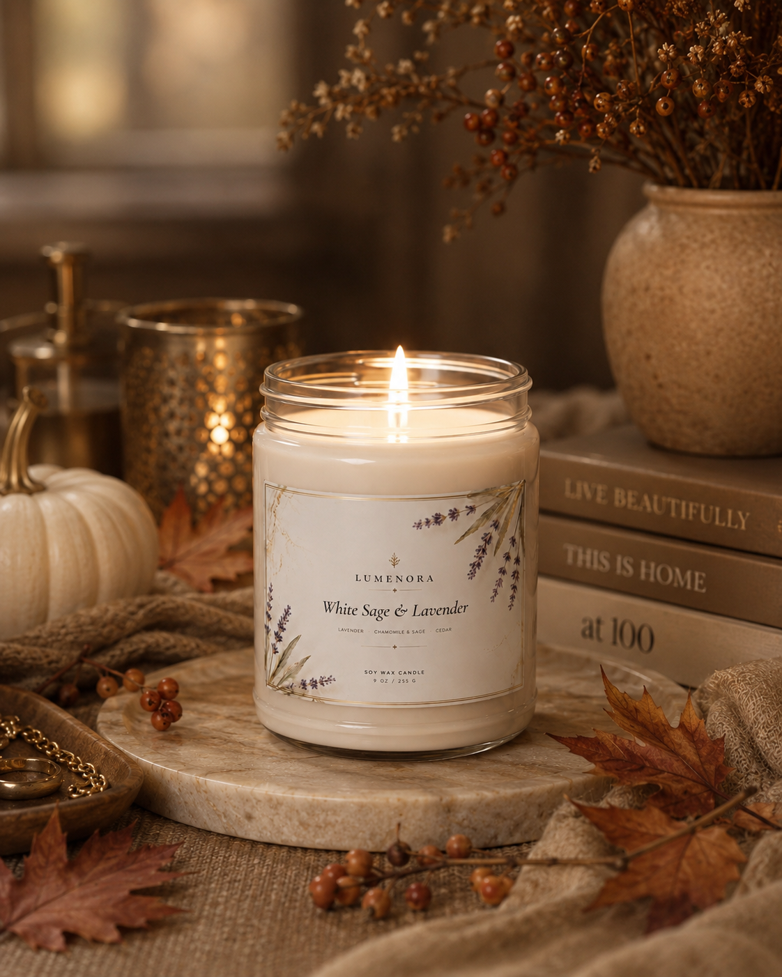 White Sage & Lavender Soy Candle — 9oz Scented Jar (Relaxing Aromatherapy)