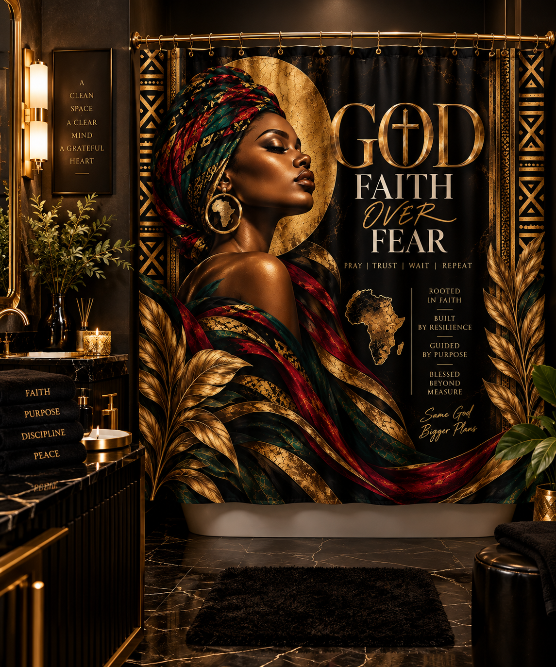 GOD Faith Over Fear Shower Curtain — Christian Afrocentric Bathroom Decor