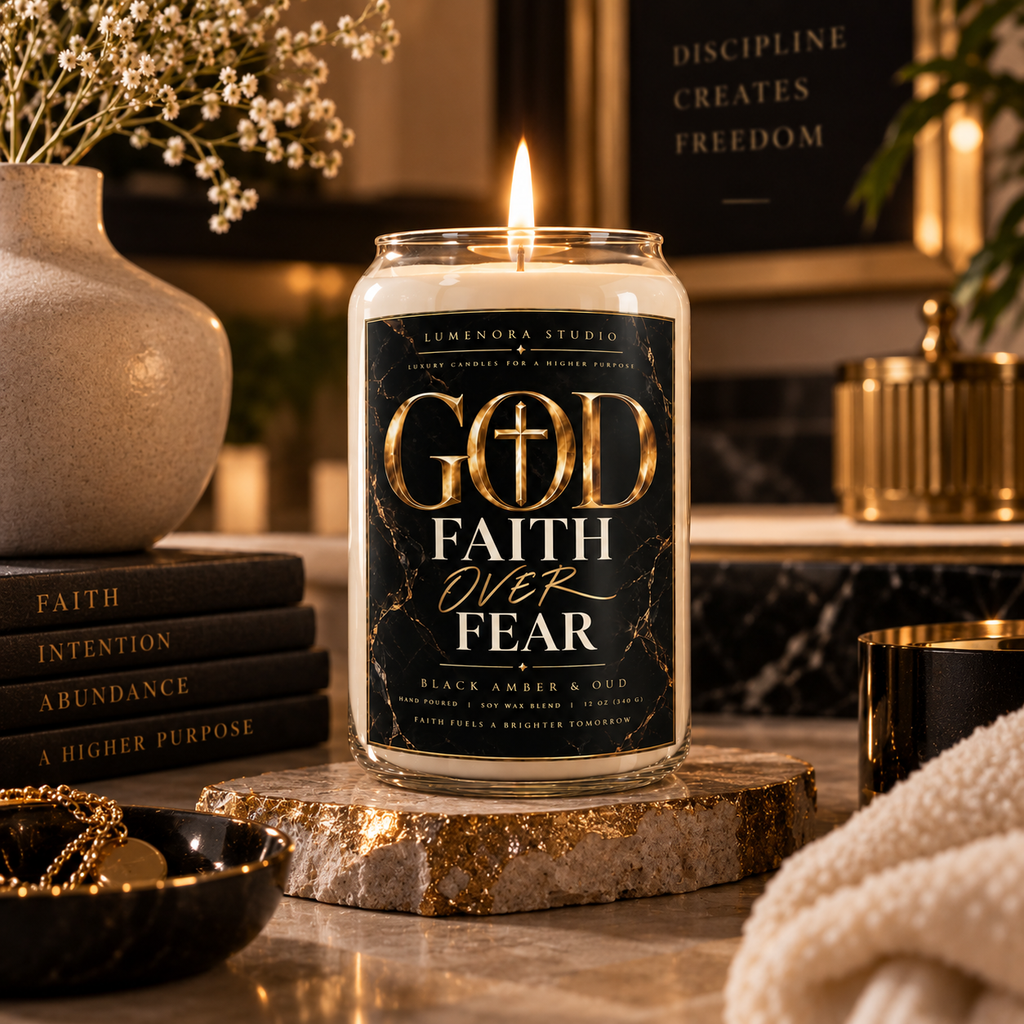 GOD Faith Over Fear Soy Candle — Black Amber & Oud Christian Candle