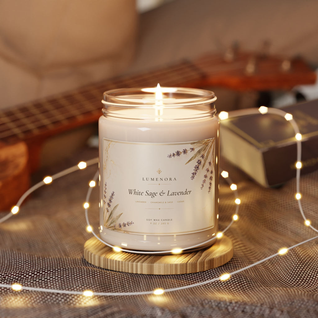 White Sage & Lavender Soy Candle — 9oz Scented Jar (Relaxing Aromatherapy)