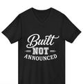 Built, Not Announced black graphic V-neck t-shirt, front view — LUMENORA Studio quiet luxury statement tee