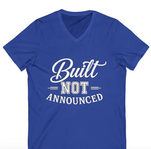 Built, Not Announced royal blue graphic V-neck t-shirt, front view — LUMENORA Studio statement tee