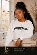 Earned Not Explained Collective sweatshirt worn — LUMENORA Studio white varsity crewneck pullover
