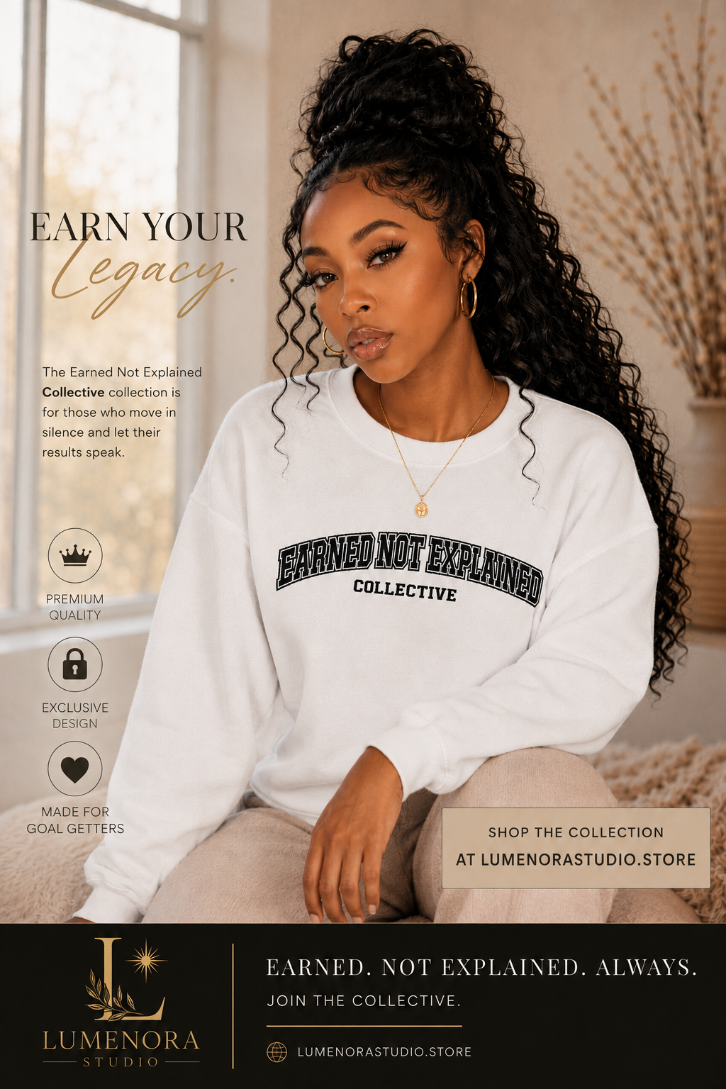 Earned Not Explained Collective sweatshirt worn — LUMENORA Studio white varsity crewneck pullover