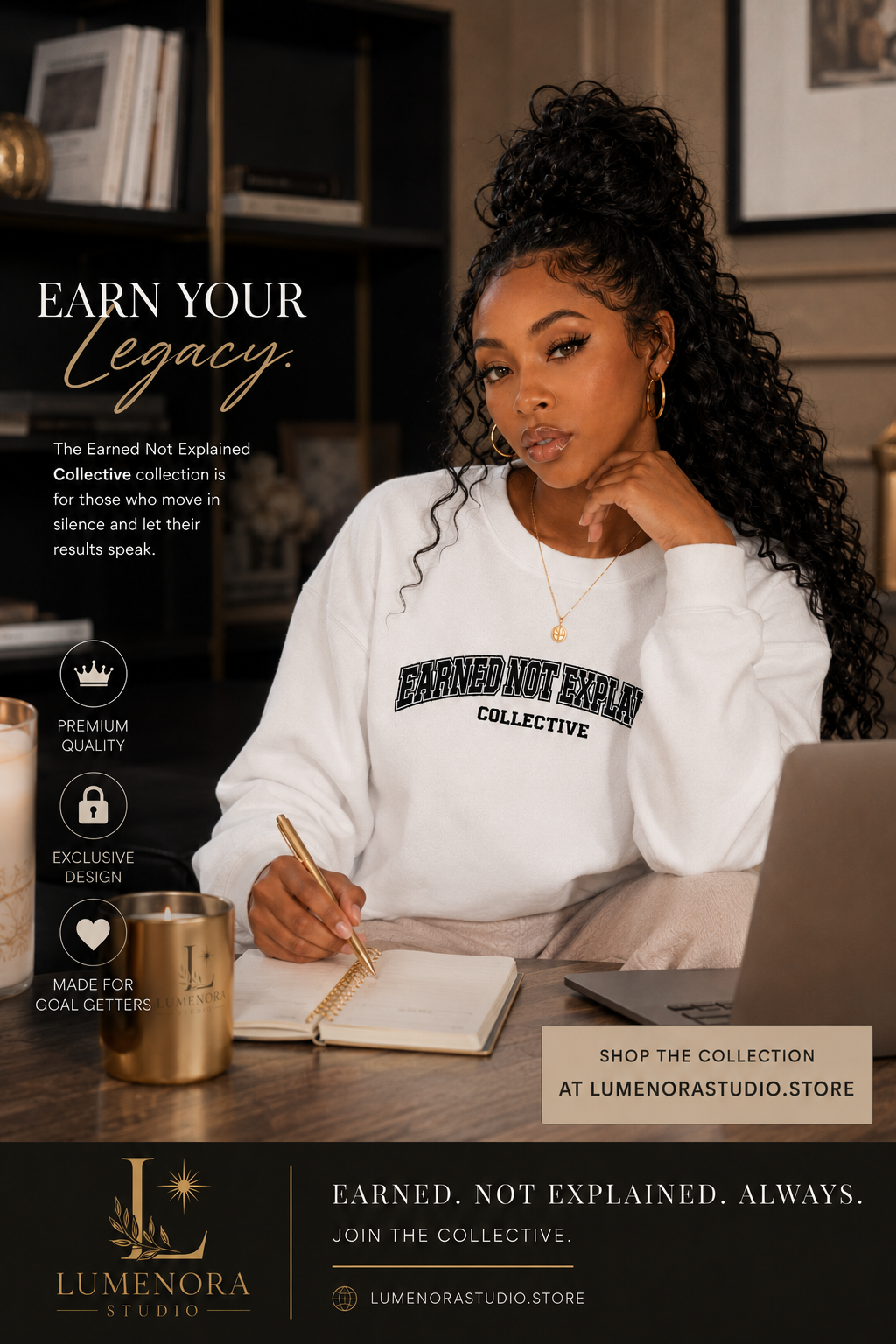 Earned Not Explained Collective sweatshirt flat lay — LUMENORA Studio varsity crewneck with planner and gold desk accessories