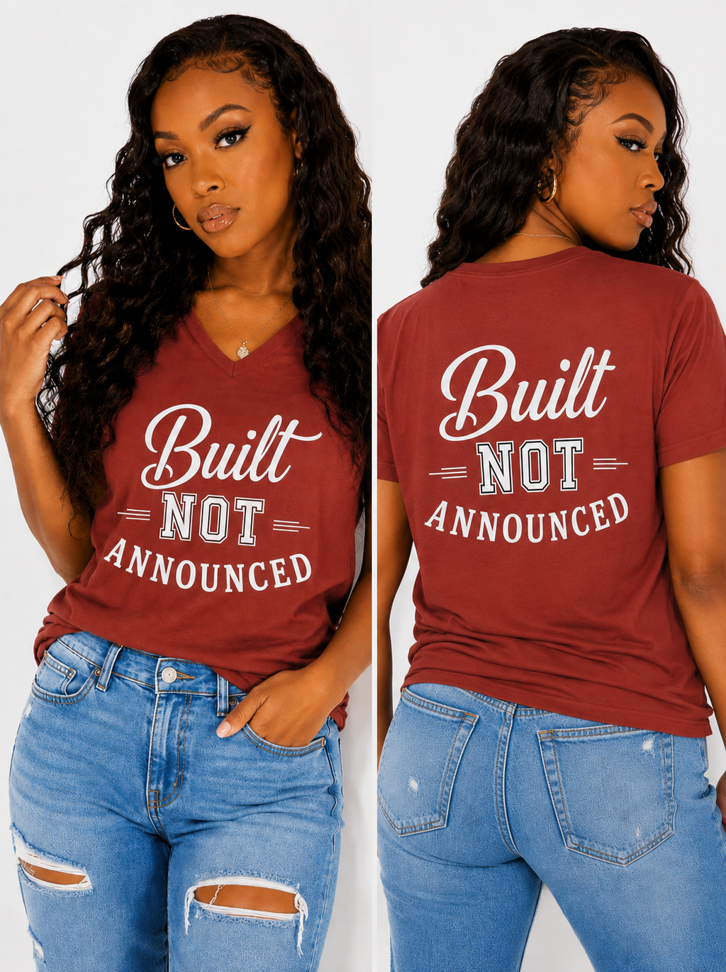 Built, Not Announced typography design — quiet luxury graphic tee print, LUMENORA Studio